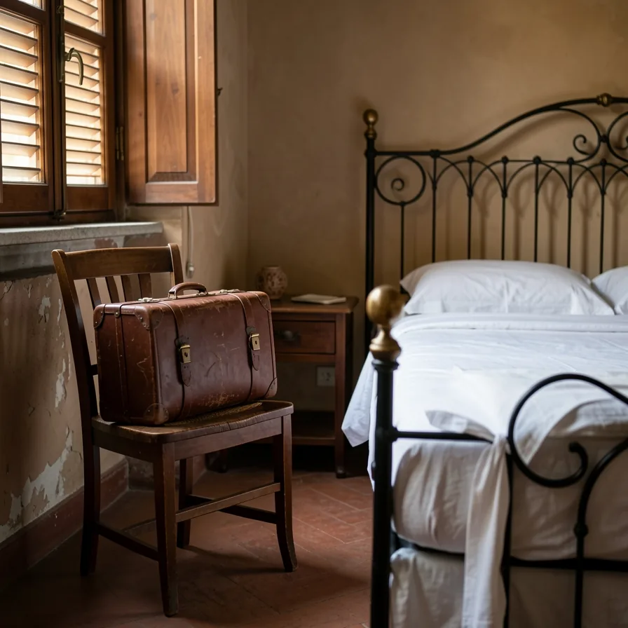 Angolo di camera da letto con una valigia di cuoio appoggiata su una sedia di legno accanto al letto