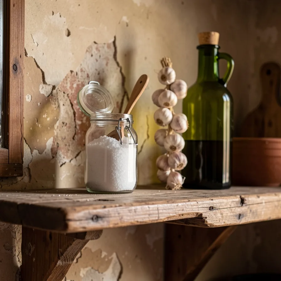 Mensola di cucina con barattolo di sale grosso, treccia d’aglio e bottiglia d’olio