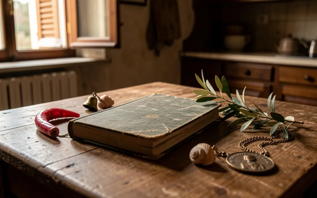 Un vecchio quaderno su un tavolo di cucina in legno, con corno di corallo rosso, campanella d’ottone, conchiglia, medaglia di bronzo e un rametto d’ulivo