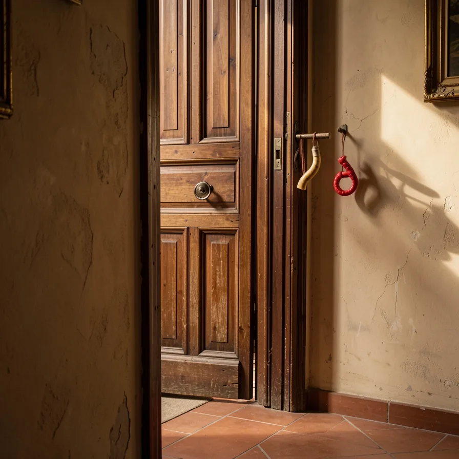 Porta d’ingresso in legno vista dall’interno, con un piccolo corno rosso appeso a un chiodo accanto allo stipite