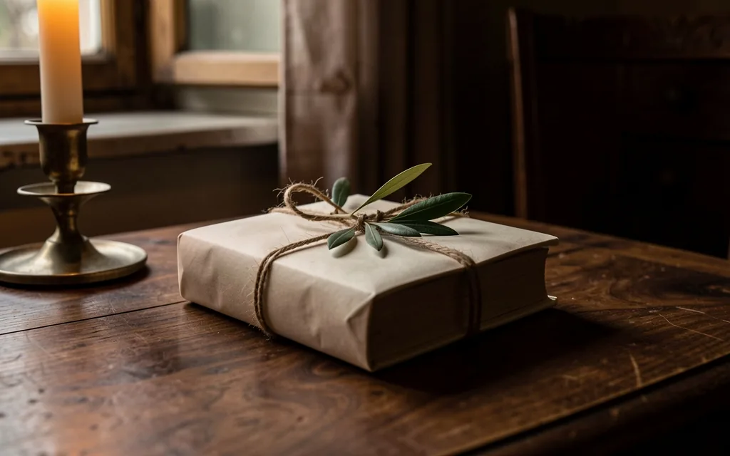 Un pacchetto a forma di libro avvolto in carta color crema, legato con spago e un rametto d’ulivo, su un tavolo di noce a lume di candela
