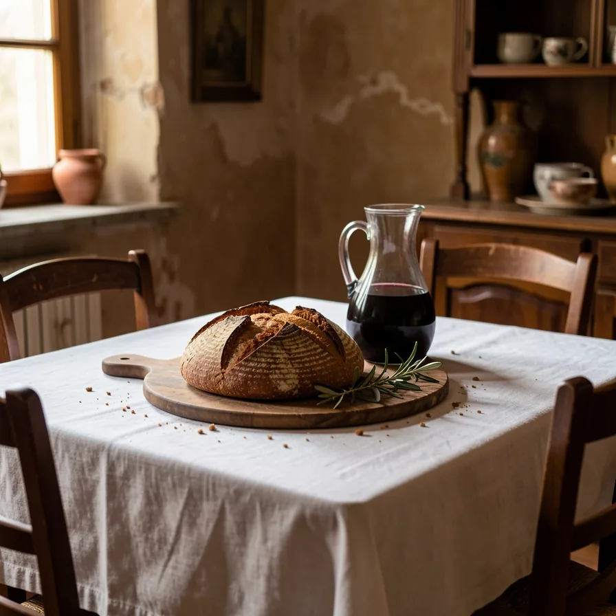 Tavola apparecchiata con pane, caraffa di vino e rametto d’ulivo su tovaglia di lino